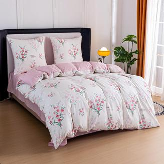 Pościel satynowa 180x200 kremowa różowa bukiety tulipanów