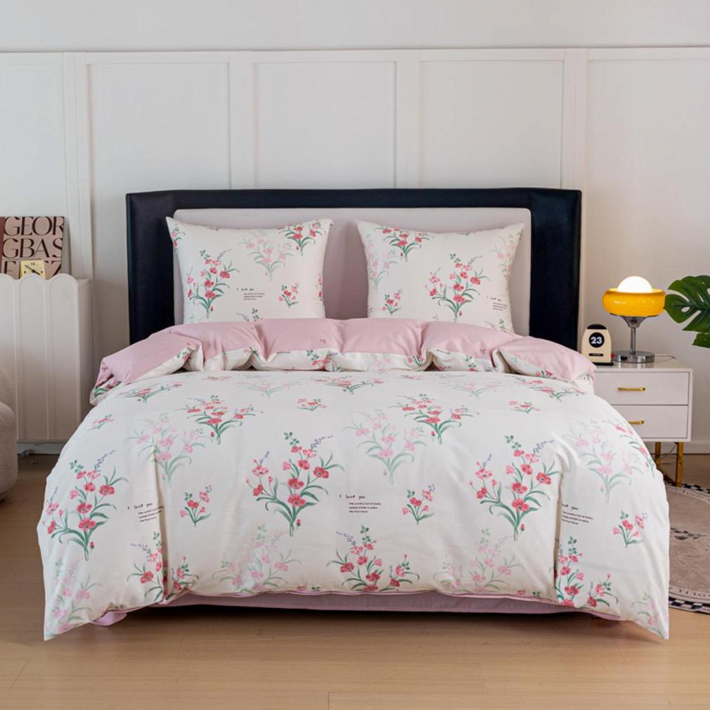 Pościel satynowa 180x200 kremowa różowa bukiety tulipanów