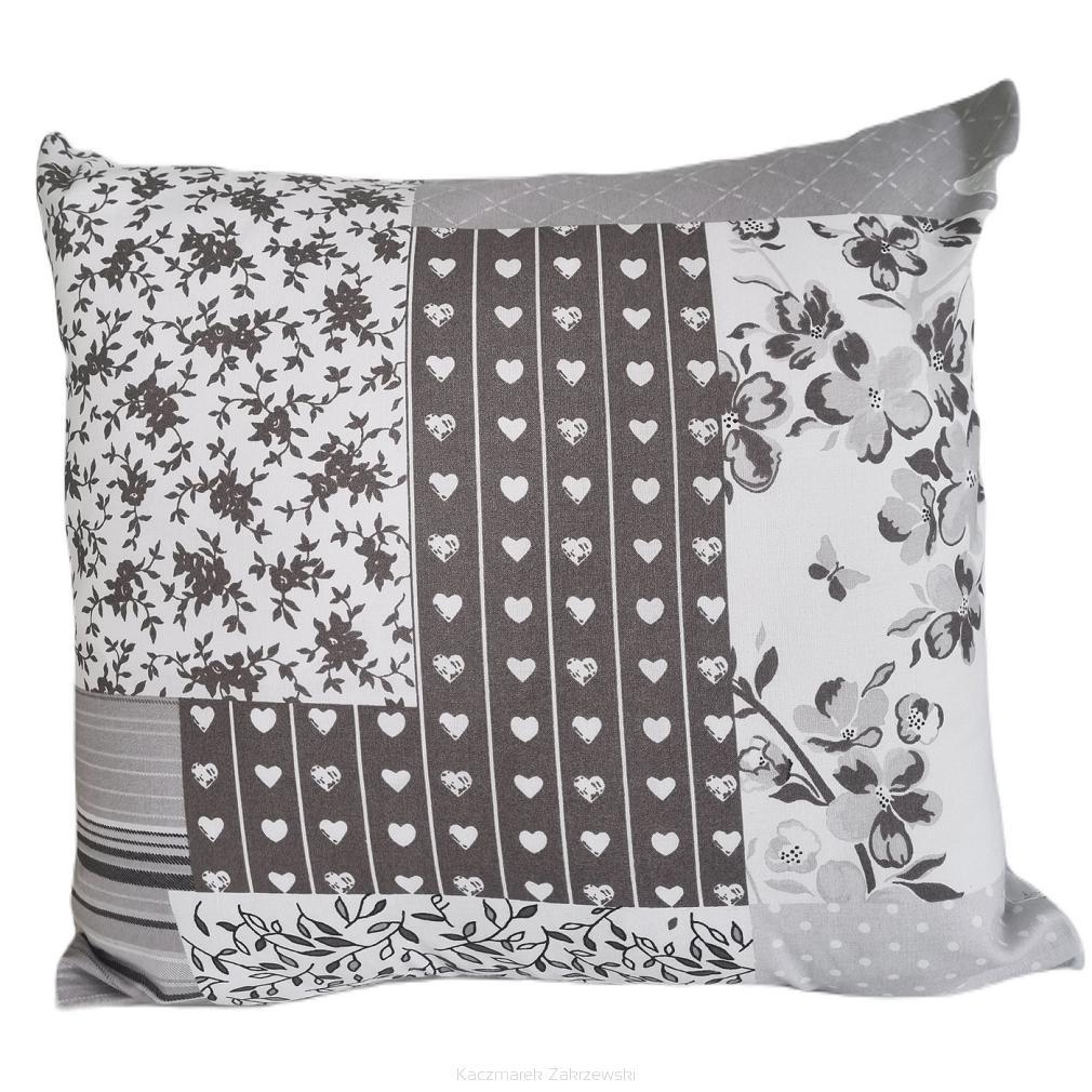 Poszewka bawełniana 40x40 szara patchwork serca motyle kwiaty