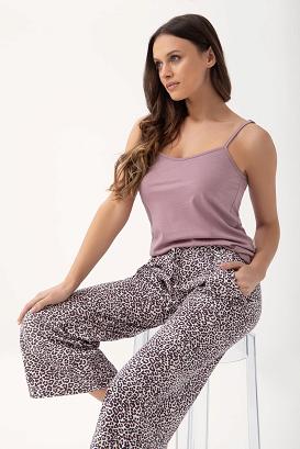 Piżama damska LUNA kod 315 kakaowa wąskie ramiączka spodnie w panterkę