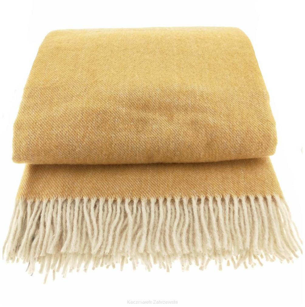 Koc wełniany z frędzlami 160x200 diagonalny musztardowy