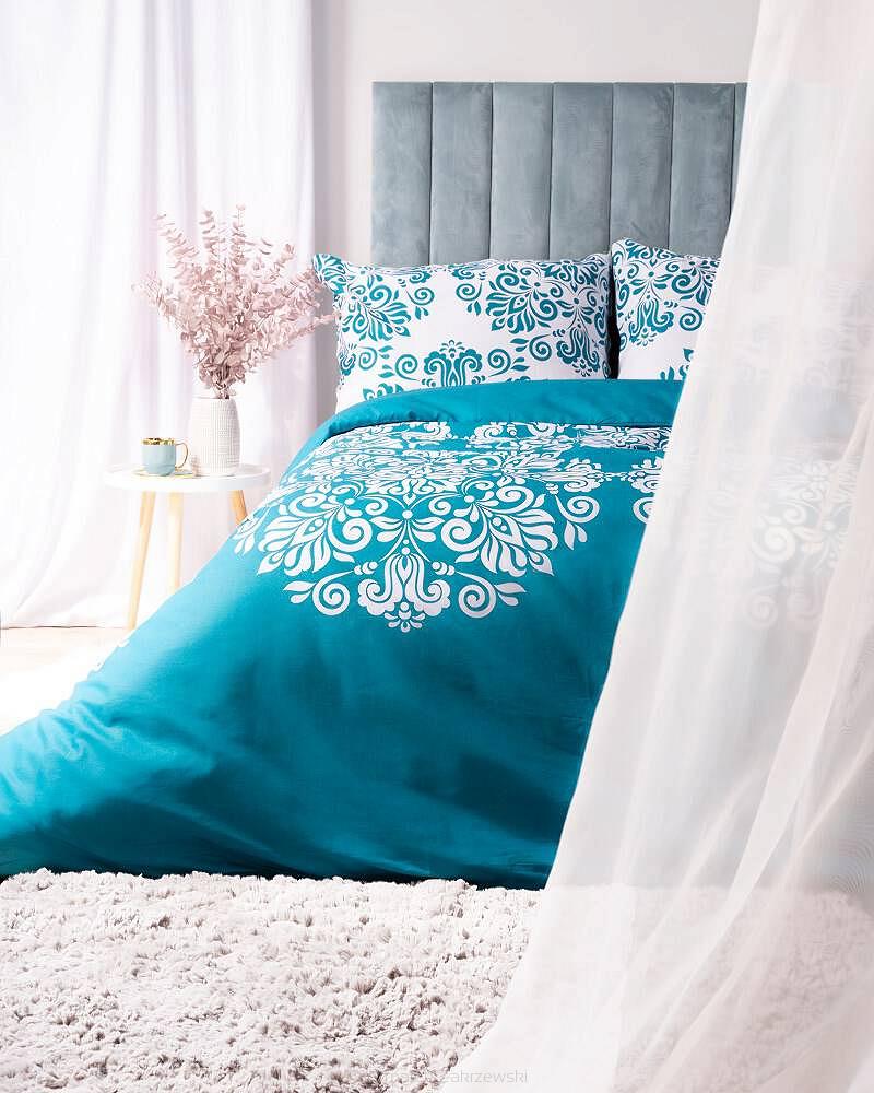 Pościel bawełniana 160x200 Detexpol turkusowa biała duże ornamenty