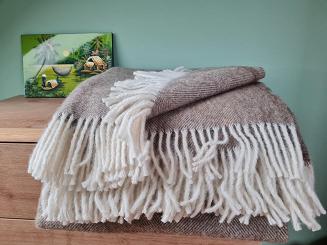 Koc wełniany z frędzlami 150x200 DIAGONAL wełna nowozelandzka beżowy
