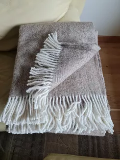 Koc wełniany z frędzlami 150x200 DIAGONAL wełna nowozelandzka beżowy