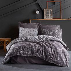 Pościel bawełniana SPRING ANTHRACITE 220x200 COTTONLOVE JACQUARD antracytowa kwiatowy wzór