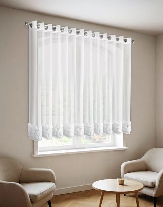 Firana gotowa z siatki na przelotkach ROSES 350x160 Eva Minge Eurofirany biała z 3 pasami róż