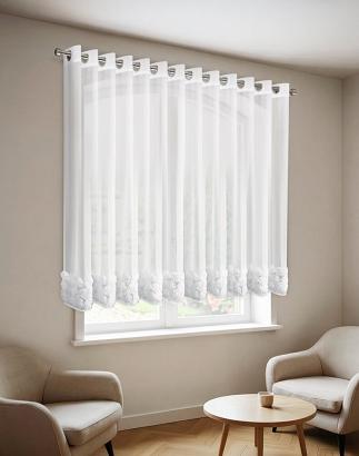 Firana gotowa z siatki na przelotkach ROSES 350x160 Eva Minge Eurofirany biała z 3 pasami róż