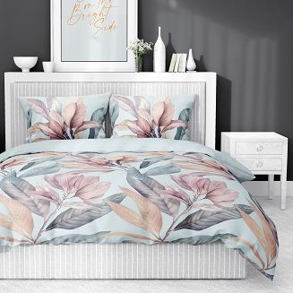 Pościel satynowa 220x200 Detexpol błękitna różowe wrzosowe magnolie