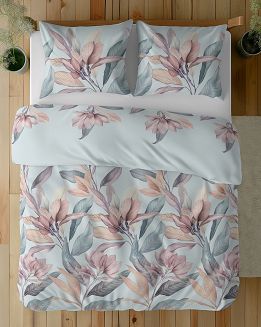 Pościel satynowa 220x200 Detexpol błękitna różowe wrzosowe magnolie