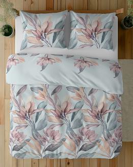 Pościel satynowa 220x200 Detexpol błękitna różowe wrzosowe magnolie