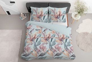 Pościel satynowa 220x200 Detexpol błękitna różowe wrzosowe magnolie