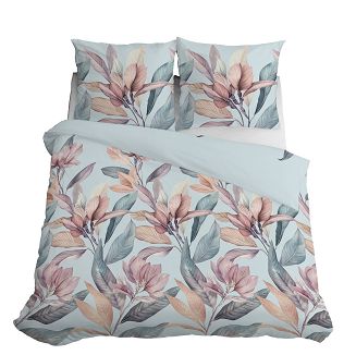 Pościel satynowa 220x200 Detexpol błękitna różowe wrzosowe magnolie