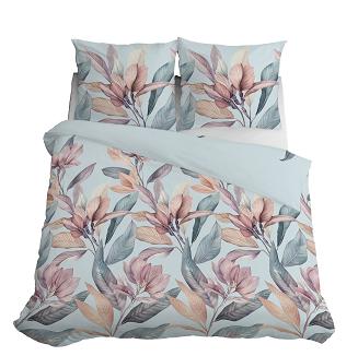 Pościel satynowa 220x200 Detexpol błękitna różowe wrzosowe magnolie