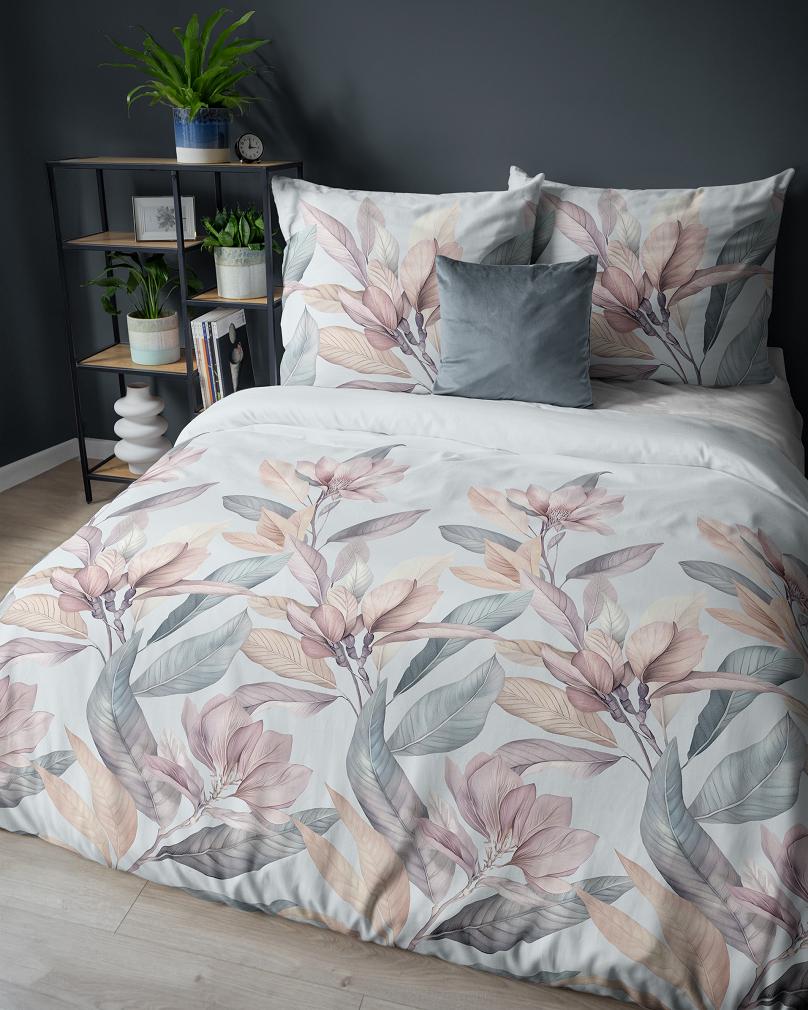 Pościel satynowa 220x200 Detexpol błękitna różowe wrzosowe magnolie
