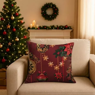 Pościel bawełniana świąteczna 160x200 bordowa w bombki i gwiazdy betlejemskie
