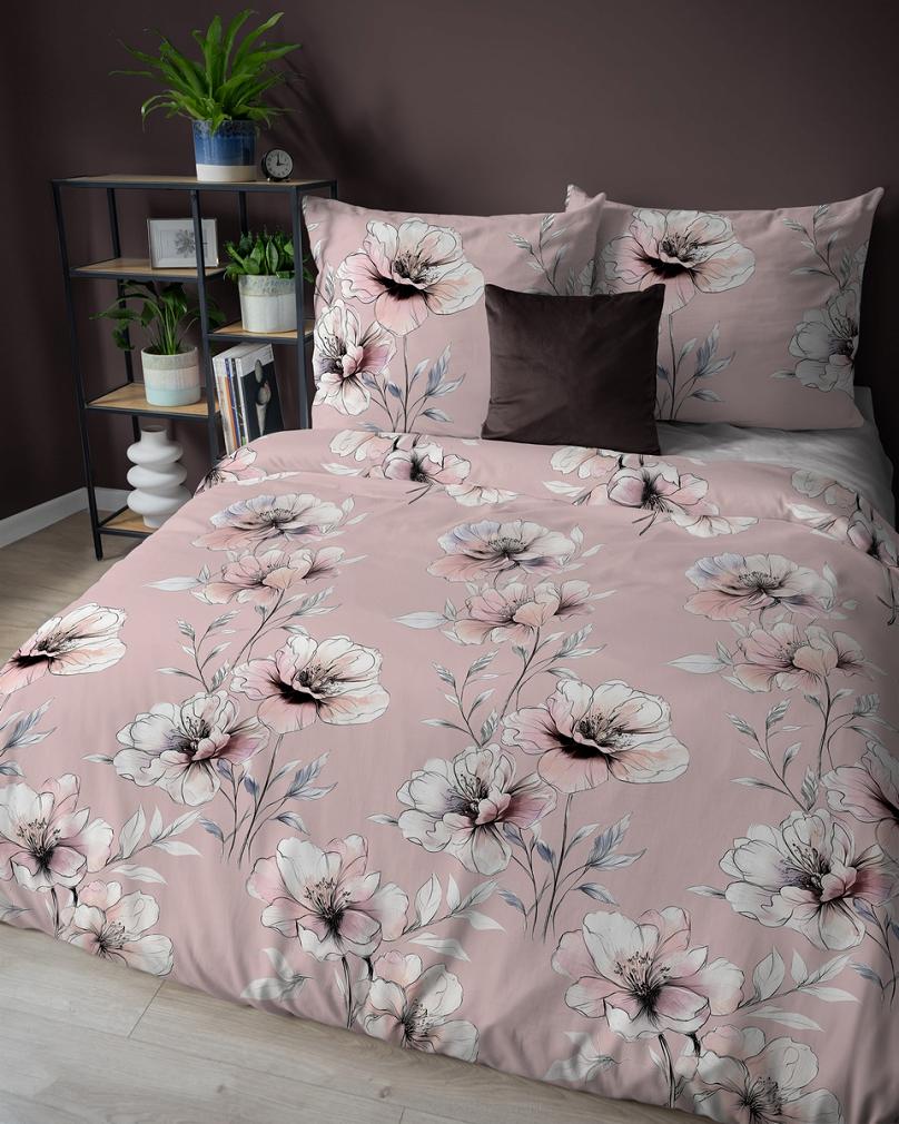 Pościel flanelowa 160x200 różowa w duże kwiaty