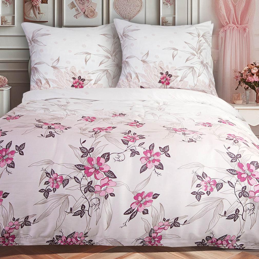 Pościel satyna bawełniana SATYNLOVE 160x200 biała w różowe kwiaty i liście