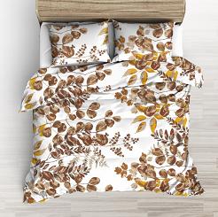 Pościel bawełniana 160x200 biała brązowa beżowa żółta listki na gałązkach