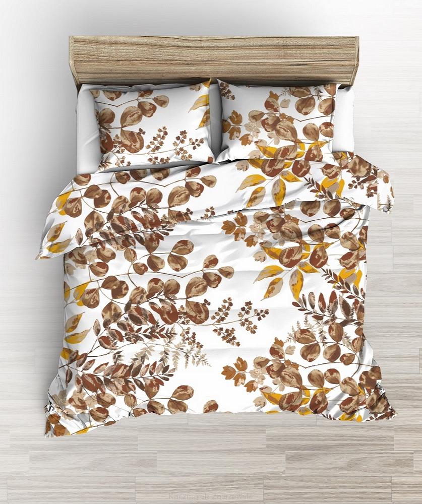 Pościel bawełniana 160x200 biała brązowa beżowa żółta listki na gałązkach