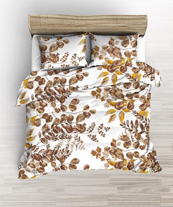 Pościel bawełniana 160x200 biała brązowa beżowa żółta listki na gałązkach