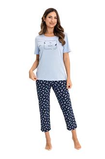 Piżama damska REGINA kod 733 niebieska granatowa spodnie w piórka