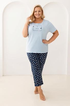 Piżama damska REGINA kod 733 niebieska granatowe spodnie w piórka