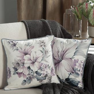 Poszewka dekoracyjna VELVET 45x45 Eurofirany kremowa fioletowa kwiaty hibiskusa