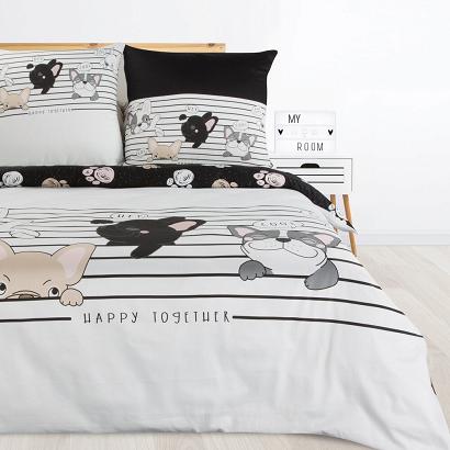 Pościel bawełniana KID 160x200 Design91 biała czarna szczęśliwe pieski