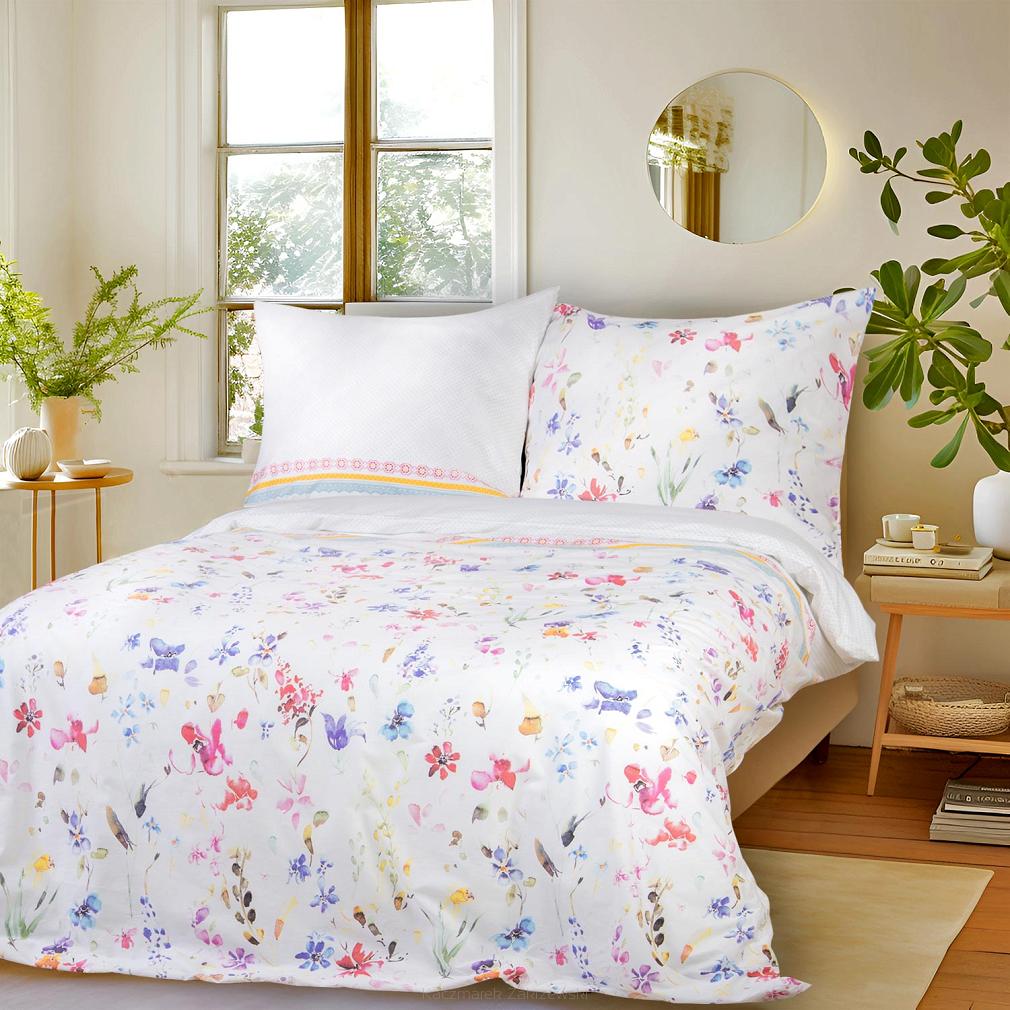 Pościel bawełniana RIVAL 160x200 biała w kolorowe kwiaty i motyle