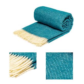 Koc wełniany z frędzlami 140x200 DIAGONAL wełna nowozelandzka turkusowy