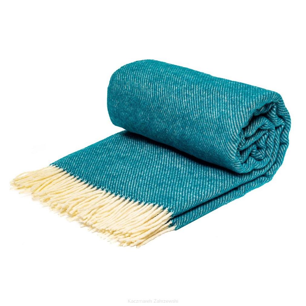 Koc wełniany z frędzlami 140x200 DIAGONAL wełna nowozelandzka turkusowy
