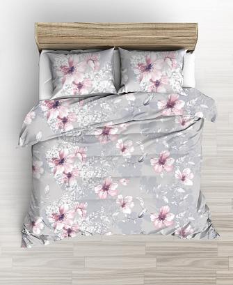 Pościel z satyny luksusowej 140x200 szara duże różowe rysowane kwiaty