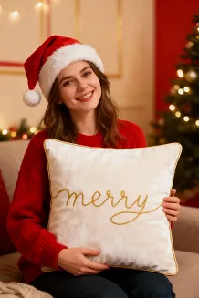 Poszewka dekoracyjna Merry 45x45 welurowa biała ze złotym haftem i lamówką