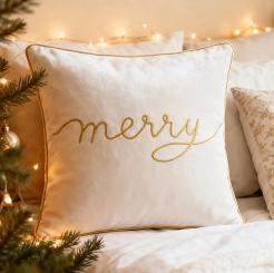 Poszewka dekoracyjna Merry 45x45 welurowa biała ze złotym haftem i lamówką