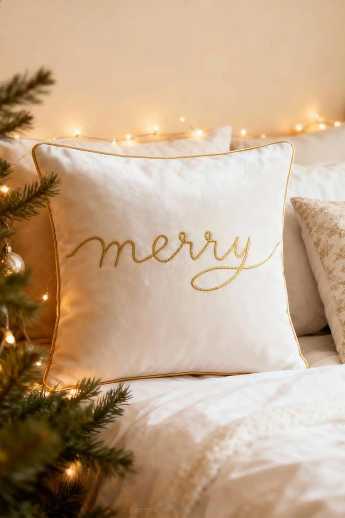 Poszewka dekoracyjna Merry 45x45 welurowa biała ze złotym haftem i lamówką