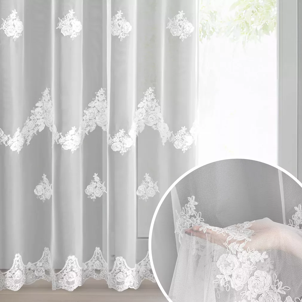 Firana gotowa na przelotkach ISARI 140x250 Eurofirany biała kwiatowy haft perełki