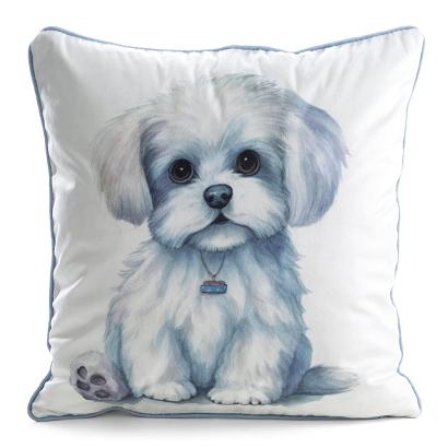 Poszewka dekoracyjna ANIMAL 45x45 Eurofirany biała jasnoniebieska pies szczeniak maltańczyk