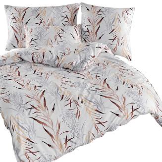 Pościel satyna bawełniana DREAM 200x220 biała w beżowe szare listki