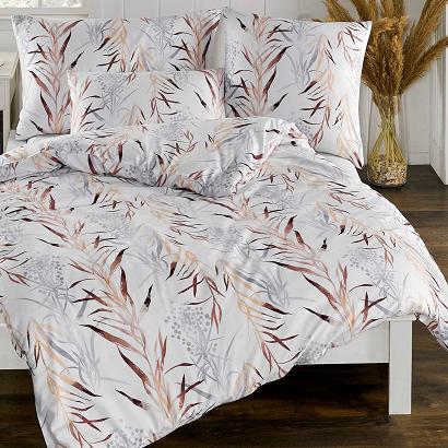 Pościel satyna bawełniana DREAM 200x220 biała w beżowe szare listki