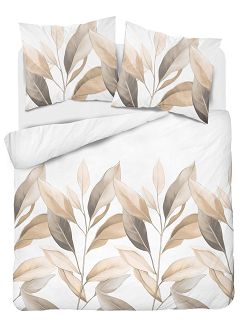 Pościel satynowa 220x200 Detexpol biała beżowe gałązki liście