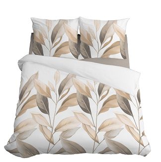 Pościel satynowa 220x200 Detexpol biała beżowe gałązki liście