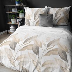 Pościel satynowa 220x200 Detexpol biała beżowe gałązki liście