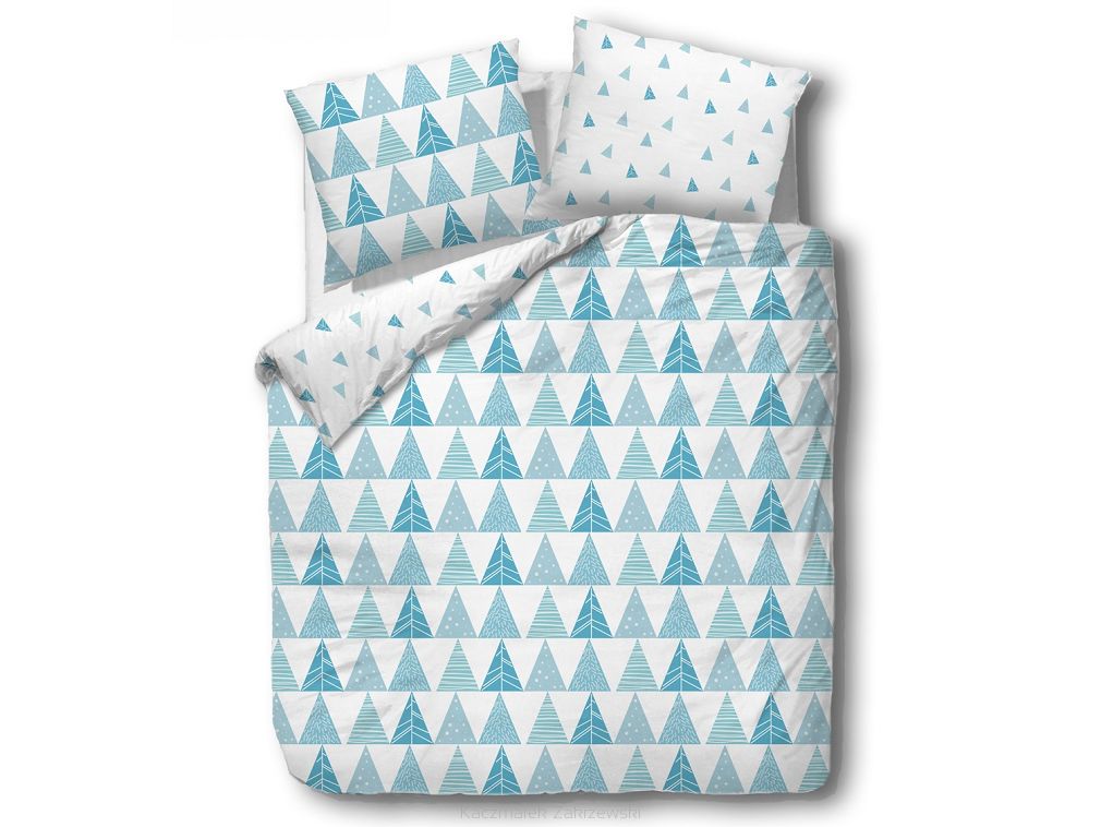 Pościel satyna bawełniana 140x200 SATYNLOVE niebiesko biała w symetryczne choinki