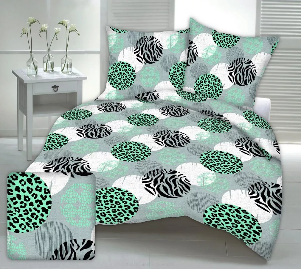 Pościel z kory 220x200 wzór seledynowa panterka w kołach