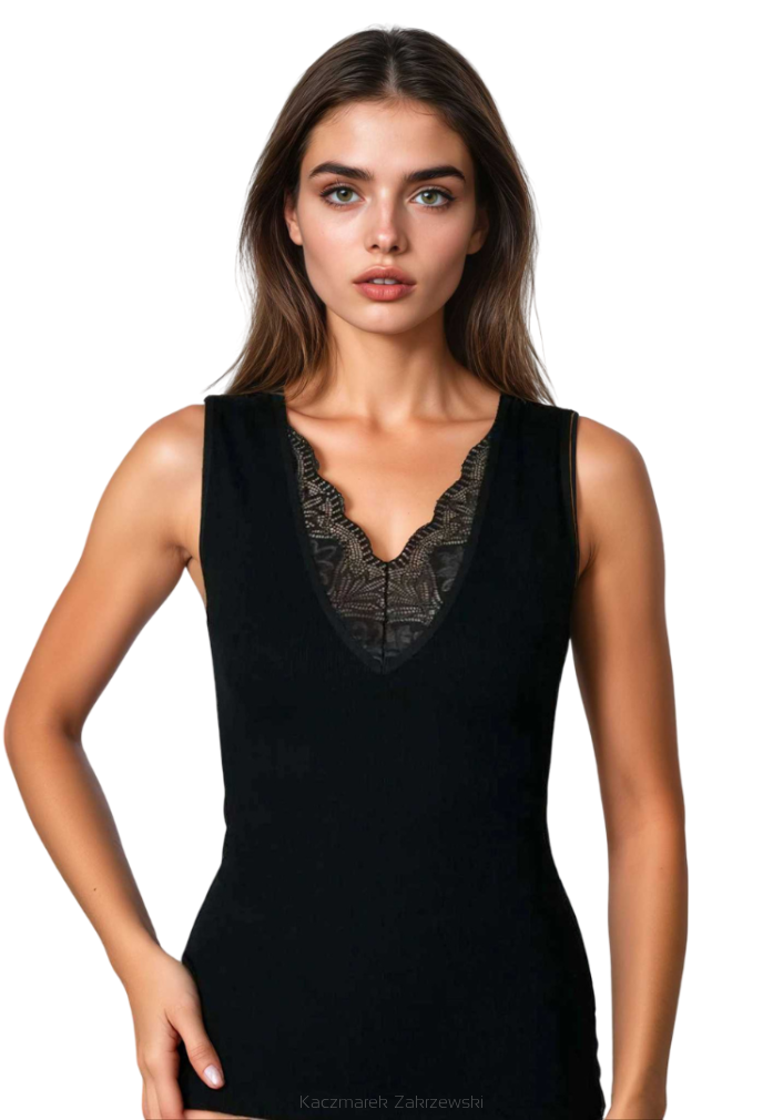 Koszulka damska na szerokich ramiączkach z koronką Ovena czarna