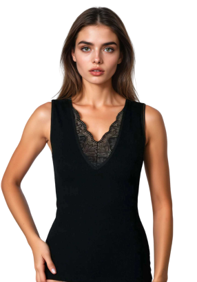 Koszulka damska na szerokich ramiączkach z koronką Ovena czarna