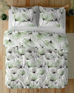 Pościel bawełniana 180x200 Detexpol biała zielone szare maki