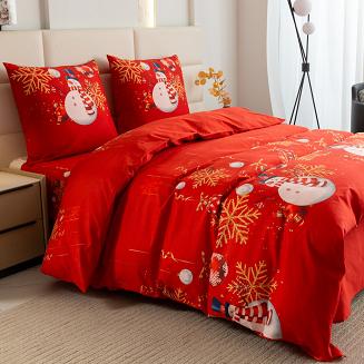 Pościel świąteczna 220x200 czerwona biała złota bałwanki śnieżynki