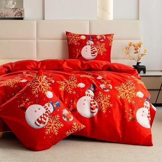 Pościel świąteczna 220x200 czerwona biała złota bałwanki śnieżynki