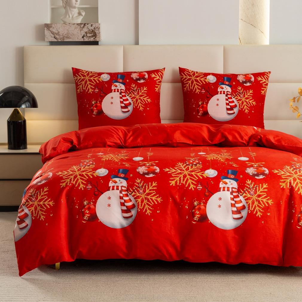 Pościel świąteczna 220x200 czerwona biała złota bałwanki śnieżynki